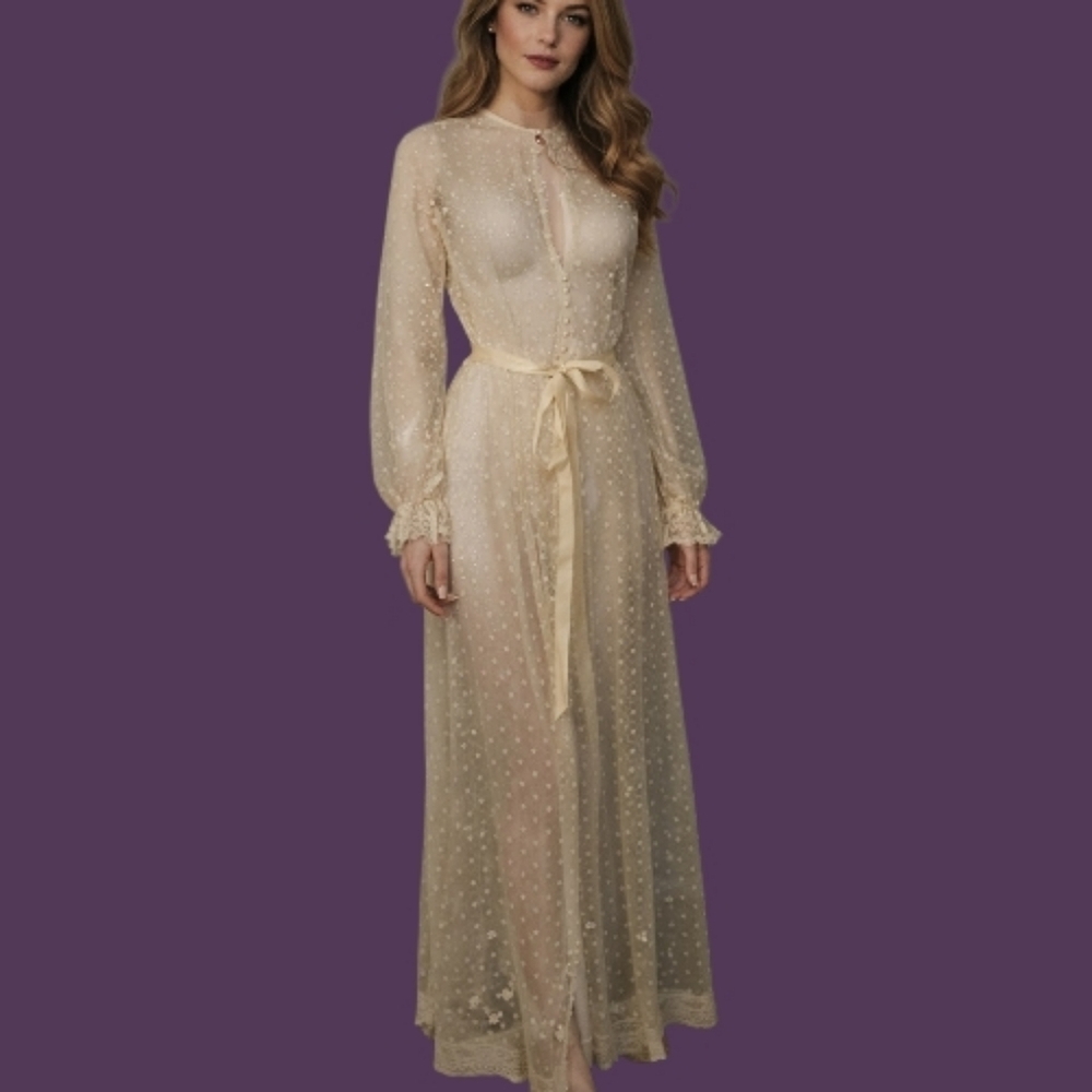 Vintage Ivory Sheer Floral Lace Victorian  Split Neck Lingerie Maxi Dress